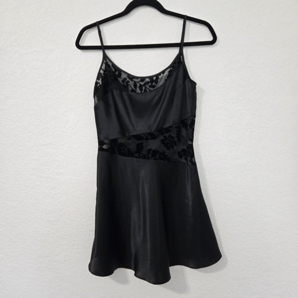 Ivy & Annabelle Black Satin Floral Burnout‎ Mesh Slip Dress Glitter Mini Small
